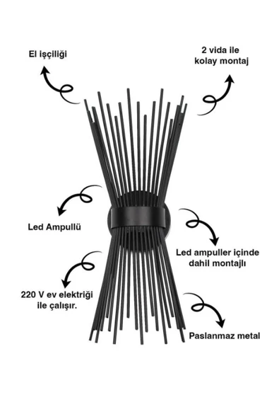 homecraft 1 Adet- Kirpi Model Aplik,Led Ampüllü Tekli Duvar Apliği, Tekli Duvar Lambası, Otel, Ofis Için Aplik - 4