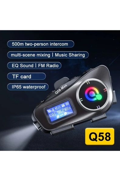 2 ADET Q58-MAX Radyolu Telsiz Özellikli 2 Kişi Bağlantılı Bluetooth Kask Kulaklık Ekranlı Fenerli Müzik ve Intercom - 3