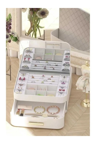 KENAN KAYA Çekmeceli Aynalı Çok Bölmeli Makyaj Takı Organizeri Otomatik Açılan Aynalı