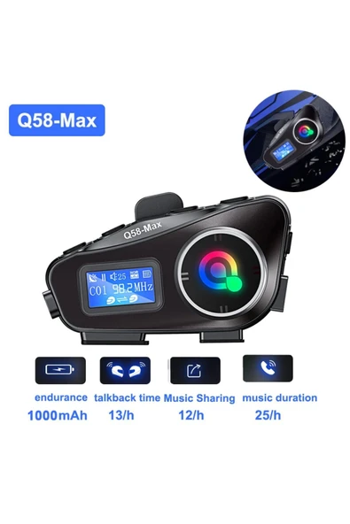 2 ADET Q58-MAX Radyolu Telsiz Özellikli 2 Kişi Bağlantılı Bluetooth Kask Kulaklık Ekranlı Fenerli Müzik ve Intercom - 4