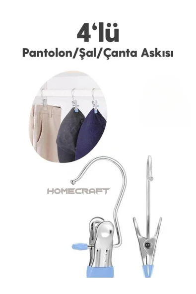 homecraft 4lü Paslanmaz Çelik Pantolon,Şal,Şapka,Fular,Askısı ,Çanta Askısı Mandallı Askı