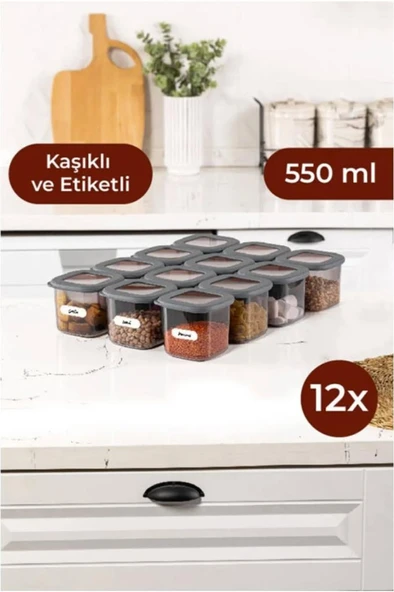 VIENEV Etiketli Ve Kaşıklı Foly Kare Erzak Saklama Kabı Seti 12li 0,55 Küçük Boy  Antrasit - 3