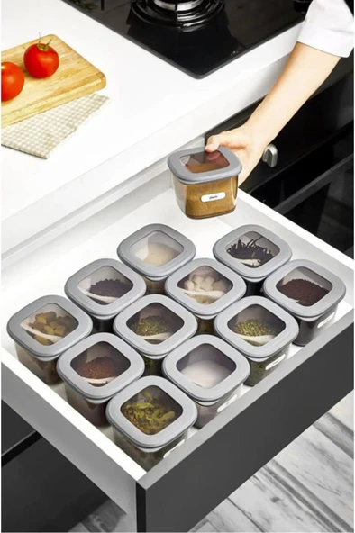 VIENEV Etiketli Ve Kaşıklı Foly Kare Erzak Saklama Kabı Seti 12li 0,55 Küçük Boy  Antrasit - 6