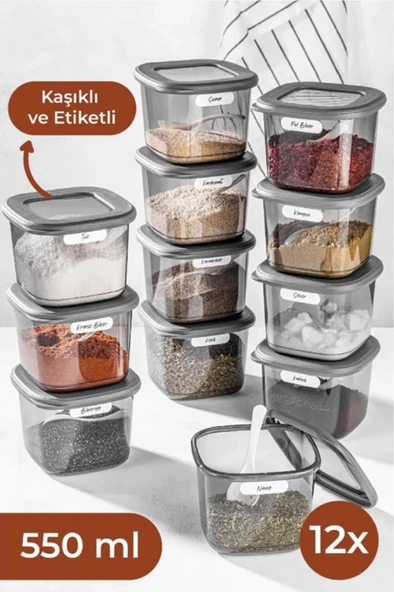VIENEV Etiketli Ve Kaşıklı Foly Kare Erzak Saklama Kabı Seti 12li 0,55 Küçük Boy  Antrasit