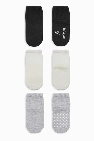 Nessiworld  Bistyle Basic Kaymaz Penye Soket Çorap 3'Lü BS10107 Siyah Ekru Gri - 1