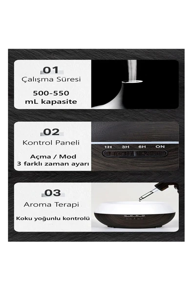 EXENAR  Aroma Terapi Oda Hava Nemlendirici Işıklı Ultrasonik Buhar Makinesi Ahşap Görünüm 7 Renk Led Işıklı - 3