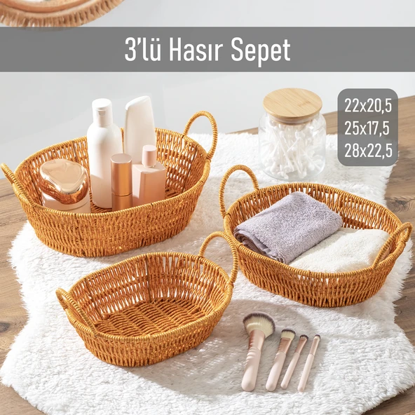 Porsima 302-A Oval 3'lü Hasır Sepet Dekoratif Ev Düzenleyici Kendinden Kulplu Hasır Sepet Seti Banyo Düzenleyici Sepet