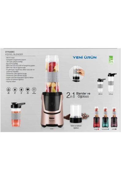 Fakir Modern Dynamıc 2'in 1 Kişisel Blender ve Kahve Öğütücü Rose 0-250 ml C / F 1 Kademeli Resmi Distrib - 2