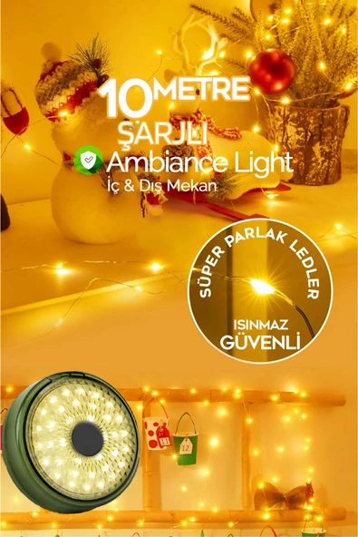 10 Metre Şarjlı Peri Led Dekor Işık Günışığı+RGB Led Lamba İç Dış Mekan Süsleme Yılbaşı 10M Makaralı