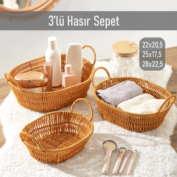 Porsima 302-D Oval 3'lü Hasır Sepet Dekoratif Ev Düzenleyici Kendinden Kulplu Hasır Sepet Seti Banyo Düzenleyici Sepet