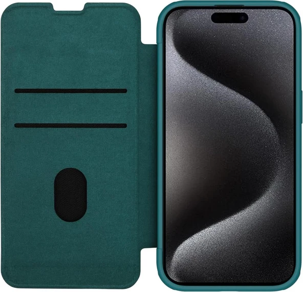 Nillkin iPhone 15 Pro Max Lens Korumalı Kapaklı Deri Kılıf - Yeşil - 4