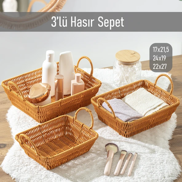 Porsima 301-D Dikdörtgen 3'lü Hasır Sepet Dekoratif Ev Düzenleyici Kendinden Kulplu Hasır Sepet Seti Banyo Düzenleyici Sepet