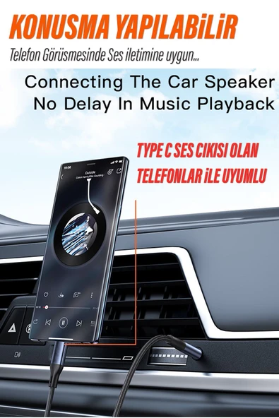 EXENAR  Araç Aux Kablosu Type-C Telefon Konuşma Yapılabilir Araba AUX Kablo Type C Müzik Dinleme - 2