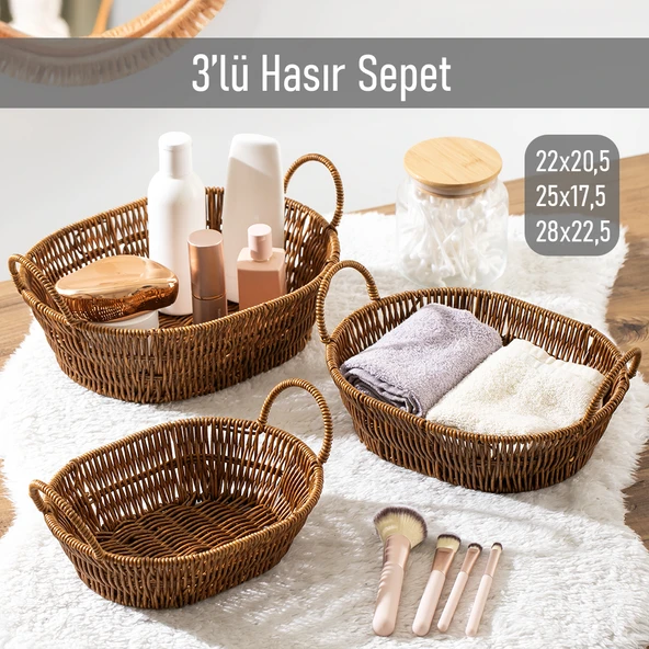 Porsima 302-C Oval 3'lü Hasır Sepet Dekoratif Ev Düzenleyici Kendinden Kulplu Hasır Sepet Seti Banyo Düzenleyici Sepet