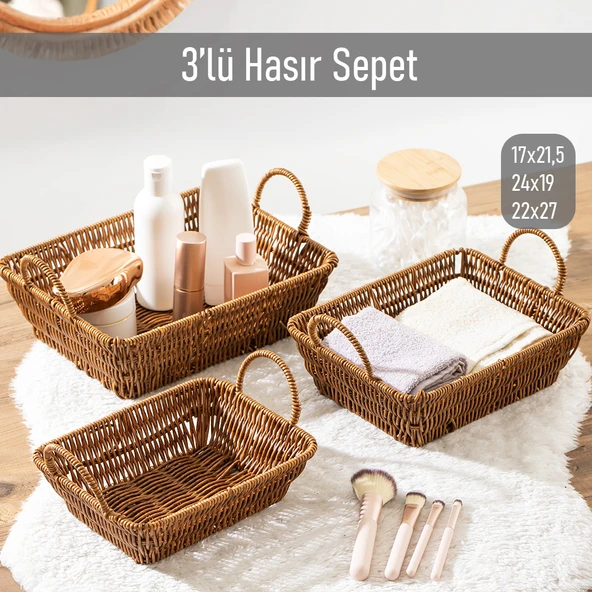 Porsima 301-C Dikdörtgen 3'lü Hasır Sepet Dekoratif Ev Düzenleyici Kendinden Kulplu Hasır Sepet Seti Banyo Düzenleyici Sepet