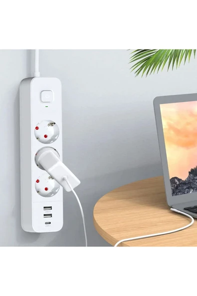 Akım Korumalı Isıya Dayanıklı Çocuk Koruma Priz Uzatma Kablosu - 2 USB - 1 Type-C Girişli Çoklu Fiş - 2