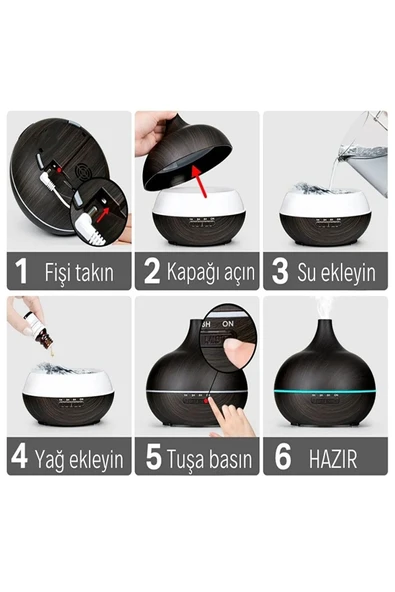 EXENAR  Aroma Terapi Oda Hava Nemlendirici Işıklı Ultrasonik Buhar Makinesi Ahşap Görünüm 7 Renk Led Işıklı - 5