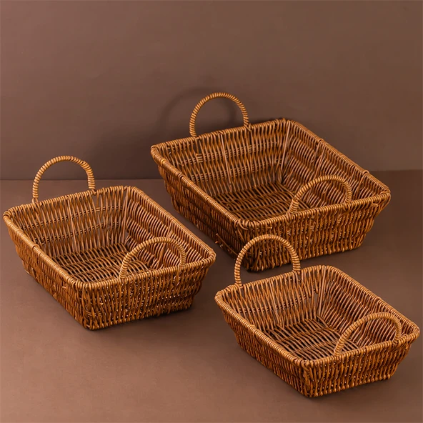 Porsima 301-C Dikdörtgen 3'lü Hasır Sepet Dekoratif Ev Düzenleyici Kendinden Kulplu Hasır Sepet Seti Banyo Düzenleyici Sepet - 2
