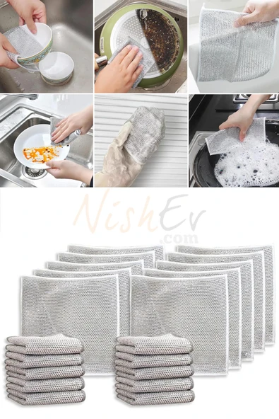 Nishev.com Evini Sev 5 Adet Çizilmez Tel Bulaşık Bezi - Zor Kir Bezi, Mutfak Banyo Bezi Çift Katlı Çok Amaçlı Çelik Tel Bez - 2