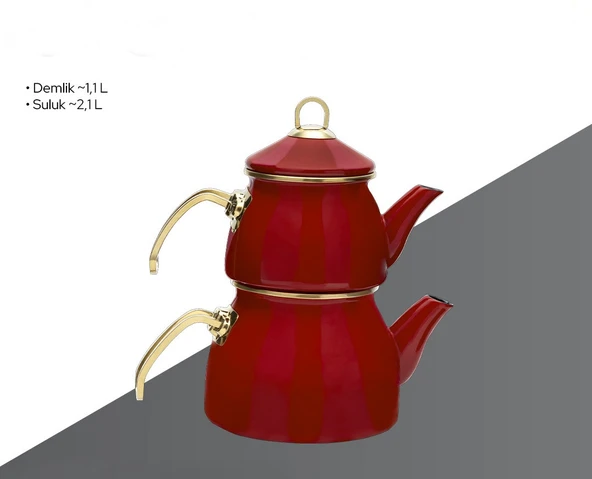 Benante  Krom Kulplu Emaye Çaydanlık Takımı Kırmızı