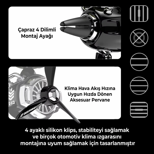 Pervaneli Siyah Klima Süsü Oto Koku Klipsi Pilot Gri Kedi Araba Hava Ferahlatıcı Maskot - 4