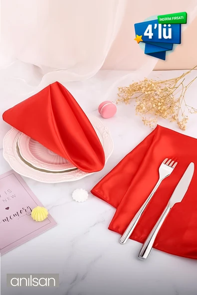 4'lü %100 Pamuk Kumaş Peçete Kırmızı 70x70 Cm Mutfak Bezi Sofra Sunum Servis Peçetesi