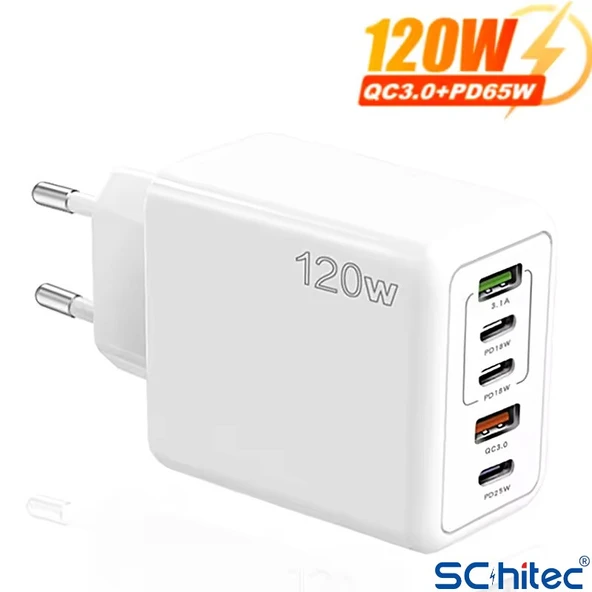 ScHitec 120W 3 Type-C + 2 UsbA Toplam 5 Çıkışlı Ev Tipi Şarj Aleti Set 6A 100W UsbA to Type-C 1Metre Süper Hızlı Data ve Şarj Kablosu SR30 - 3