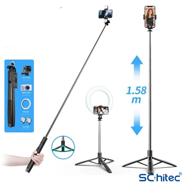 ScHitec Q05 Buetooth Kumandalı Selfie Çubuğu Tripod 1,58m 360° Oynar Başlık - 3