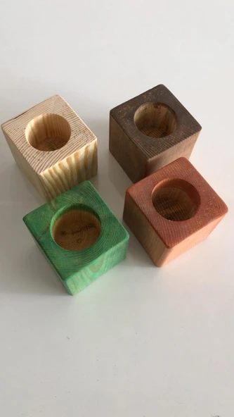 Doğal Ahşap Küp Kaktüs Saksısı Renkli 4 lü Kombin