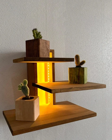 Modern Tasarım 3 Raflı Led Işıklı Ahşap Aplik (Alindi050) - 3
