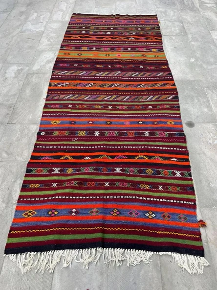 123x303 cm Renkli El Dokuma Türk Kilim, Uzun Vintage Yolluk, Çizgili Desenli Bohem Ev Dekoru