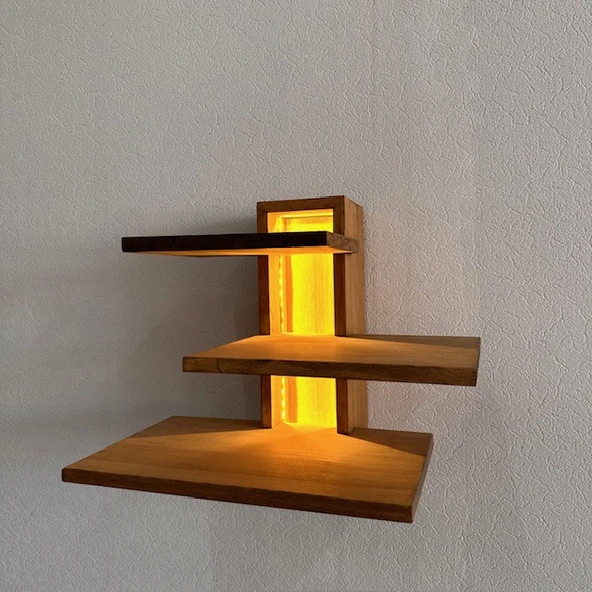Modern Tasarım 3 Raflı Led Işıklı Ahşap Aplik (Alindi050)