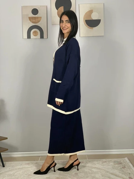 Kadın Şerit Detaylı Gold Düğmeli Oversize Hırka Etek Takım (Lacivert) - 3