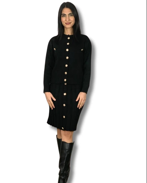 Kadın Gold Düğmeli Triko Pileli Etek Hırka Takım (Siyah)