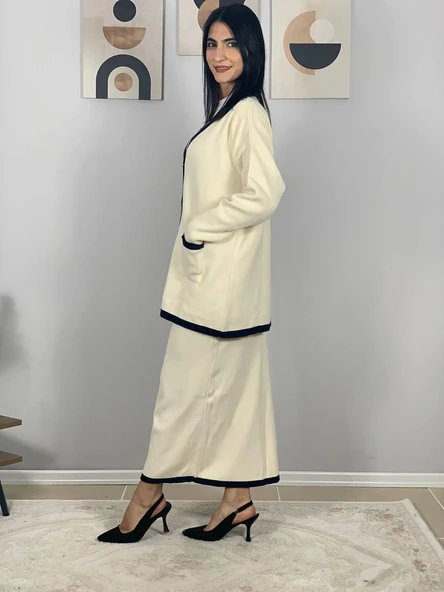 Kadın Şerit Detaylı Gold Düğmeli Oversize Hırka Etek Takım (Krem) - 5