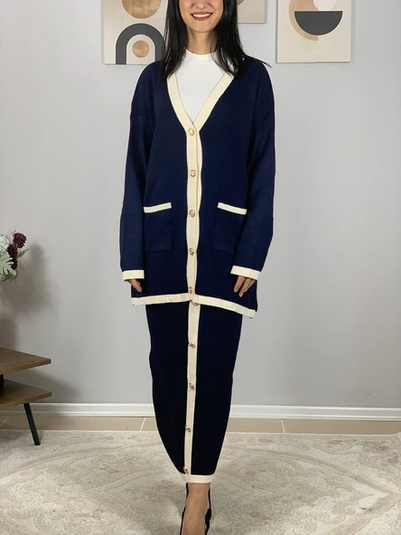 Kadın Şerit Detaylı Gold Düğmeli Oversize Hırka Etek Takım (Lacivert) - 4