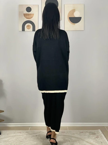 Kadın Şerit Detaylı Gold Düğmeli Oversize Hırka Etek Takım (Siyah) - 6