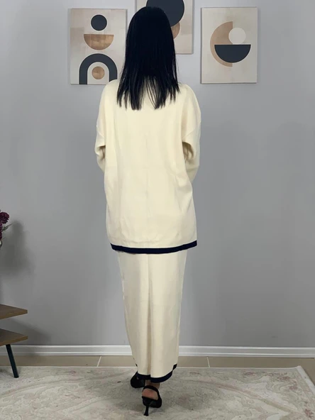 Kadın Şerit Detaylı Gold Düğmeli Oversize Hırka Etek Takım (Krem) - 6