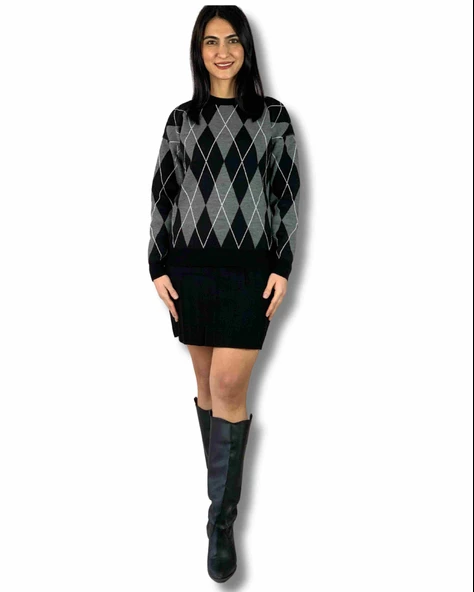 Kadın Baklava  Desenli Etekli Alt Üst Triko Takım (Siyah) ürün görseli