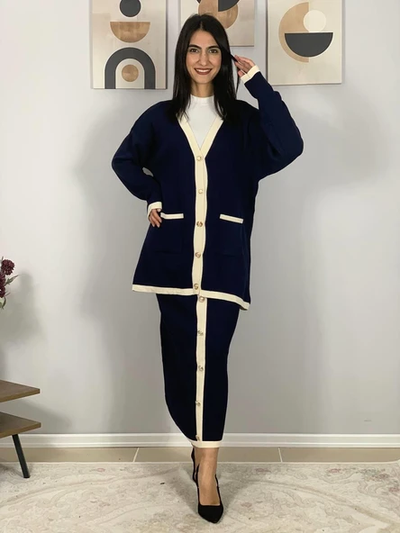 Kadın Şerit Detaylı Gold Düğmeli Oversize Hırka Etek Takım (Lacivert) - 2