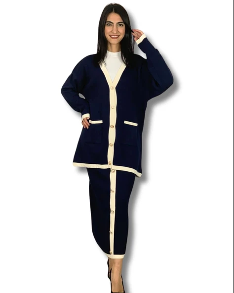 Kadın Şerit Detaylı Gold Düğmeli Oversize Hırka Etek Takım (Siyah)