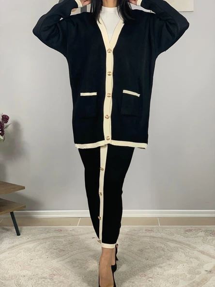 Kadın Şerit Detaylı Gold Düğmeli Oversize Hırka Etek Takım (Siyah) - 4