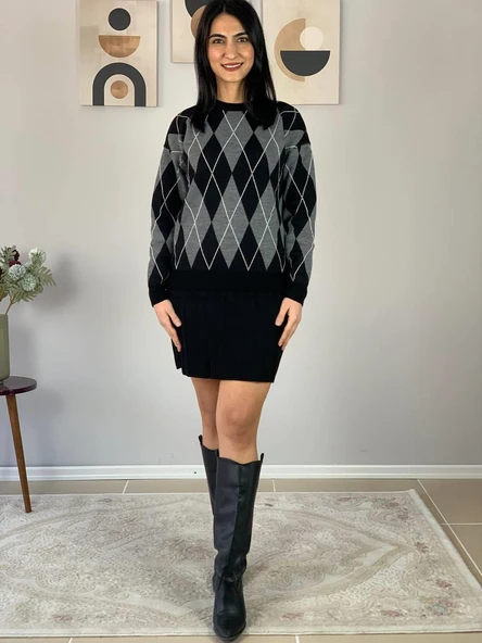 Kadın Baklava  Desenli Etekli Alt Üst Triko Takım (Siyah) - Resim 3