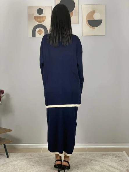 Kadın Şerit Detaylı Gold Düğmeli Oversize Hırka Etek Takım (Lacivert) - 5