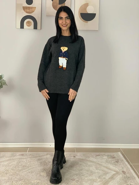 Kadın Teddy Bear Bisiklet Yaka Triko Kazak (Füme) - 3
