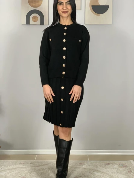 Kadın Gold Düğmeli Triko Pileli Etek Hırka Takım (Siyah) - 3