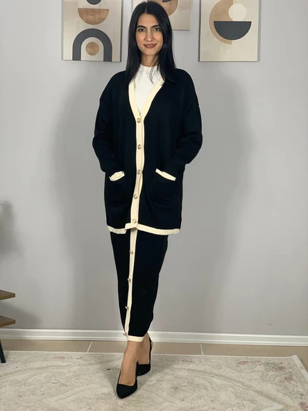 Kadın Şerit Detaylı Gold Düğmeli Oversize Hırka Etek Takım (Siyah) - 5