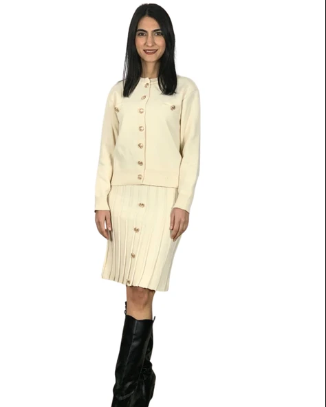 Kadın Gold Düğmeli Triko Pileli Etek Hırka Takım (Krem)