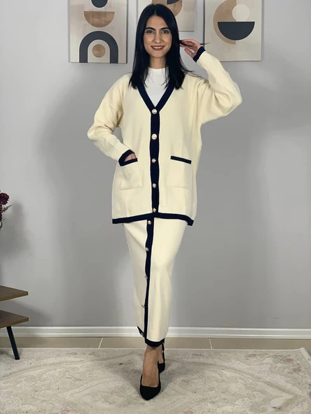 Kadın Şerit Detaylı Gold Düğmeli Oversize Hırka Etek Takım (Krem) - 2
