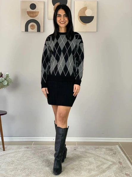 Kadın Baklava  Desenli Etekli Alt Üst Triko Takım (Siyah) - Resim 5